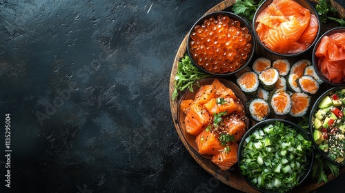 Sushi platter featuring salmon, roe, and fresh vegetables on a wooden board