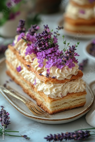 Delicious lavender cream pastry adorned with fresh flowers presented on a whi...