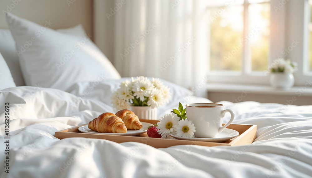 Photorealistic, a white bed with fluffy pillows and a breakfast tray featuring a coffee cup, croissants, and fresh flowers, natural light highlighting the details Photorealistic, a white bed with fluffy pillows and a breakfast tray featuring a coffee cup, croissants, and fresh flowers, natural light highlighting the details