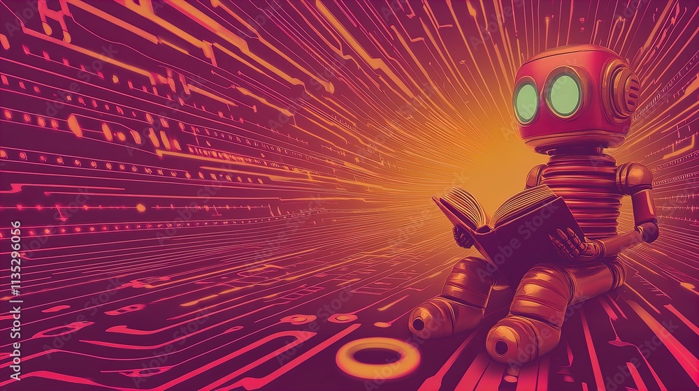 Obraz premium Futuristic Robot Reading: A Stunning Poster for Tech-Inspired Spaces, Featuring a Shiny Metallic Robot with a Glowing Cyan Face on a Circuit Board, Surrounded by Digital Lights in Pink and Cyan!