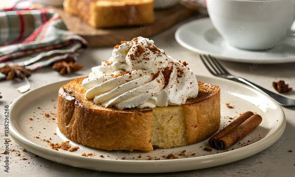Sweet Bread Dessert with Whipped Cream and Cinnamon, Rustic Comforting Dessert with Creamy Topping
Sweet Bread Dessert with Whipped Cream and Cinnamon, Rustic Comforting Dessert with Creamy Topping