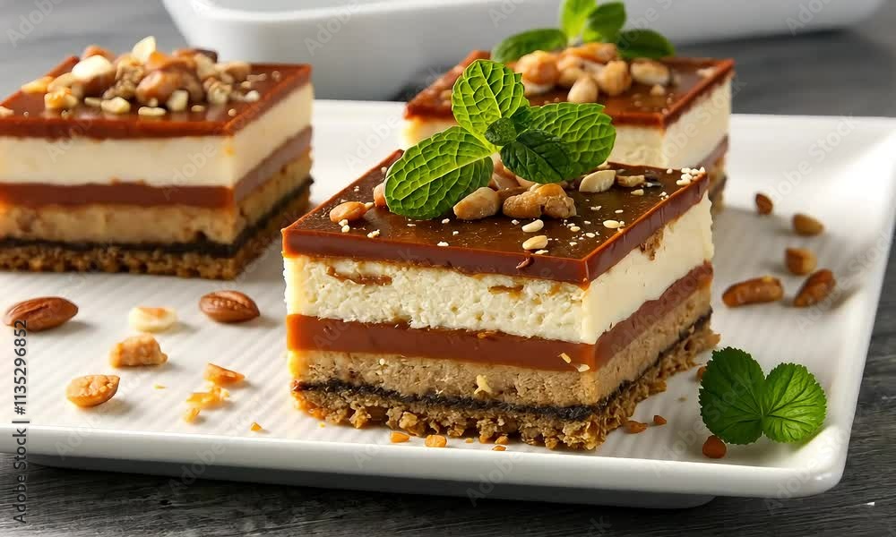 Creamy Layered Dessert with Caramel and Nuts, Elegant Dessert Topped with Fresh Mint
Creamy Layered Dessert with Caramel and Nuts, Elegant Dessert Topped with Fresh Mint