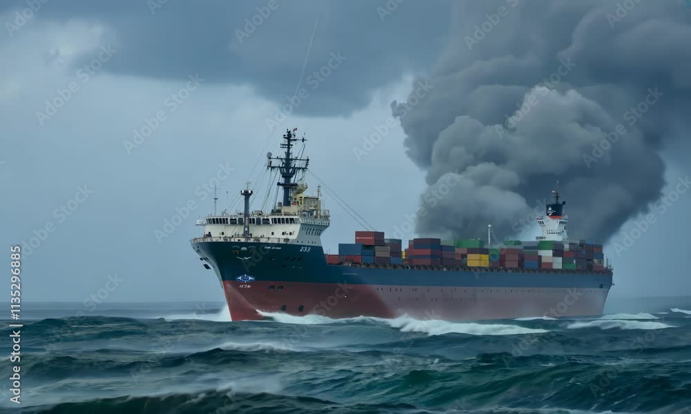 Waves crashing around a large cargo ship amid stormy skies during rough sea conditions Waves crashing around a large cargo ship amid stormy skies during rough sea conditions