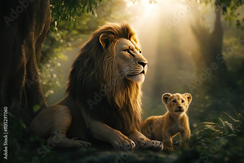 Majestic Lion and Adorable Cub Relaxing Together in a Sunlit Forest, Capturing a Tender Moment of Nature's Wild Family Dynamics