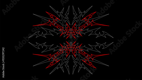 Abstract Tribal Symmetrical Design vector with Red and White Lines on Black Background