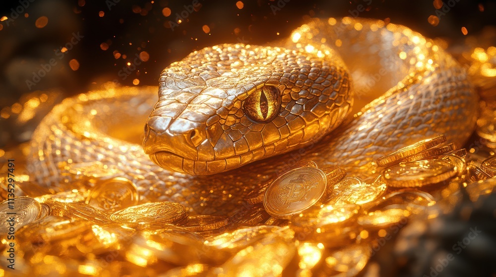 Golden snake coiled on a pile of gold coins, glowing eyes, sparks. Golden snake coiled on a pile of gold coins, glowing eyes, sparks.