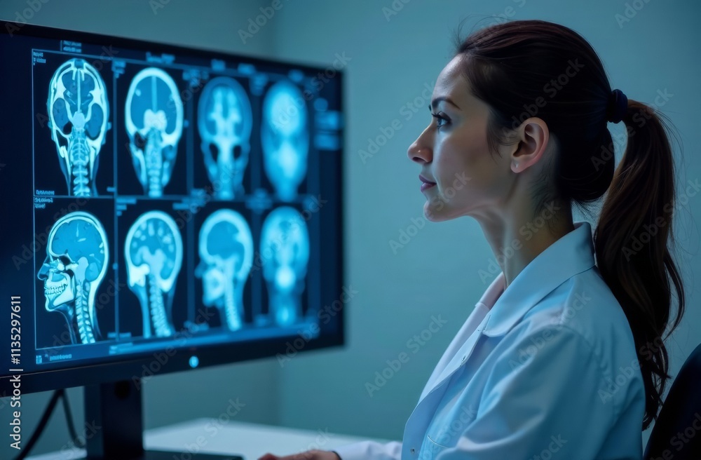 A medical professional examines a series of brain scans displayed on a large monitor. The environment features low lighting, highlighting the focus on the diagnostic images during a late evening. A medical professional examines a series of brain scans displayed on a large monitor. The environment features low lighting, highlighting the focus on the diagnostic images during a late evening.