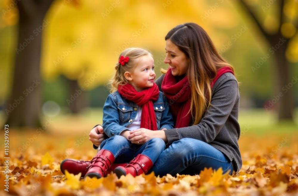 A mother and daughter sit on a blanket of fallen leaves, sharing a warm moment in a park. The bright yellow foliage surrounds them, creating a beautiful autumn atmosphere. A mother and daughter sit on a blanket of fallen leaves, sharing a warm moment in a park. The bright yellow foliage surrounds them, creating a beautiful autumn atmosphere.