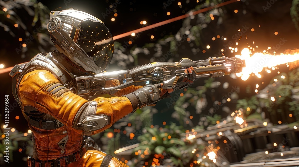 Space explorer firing energy weapon with sparks in jungle. Space explorer firing energy weapon with sparks in jungle.
