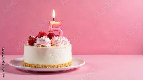 Wallpaper Mural A white birthday cake decorated with pink frosting, fresh strawberries, and a number five candle is displayed against a soft pink background, perfect for a child's fifth birthday celebration. Torontodigital.ca