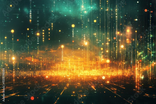 Abstract futuristic landscape with glowing particles and light beams representing digital technology and interconnected data in vibrant colors