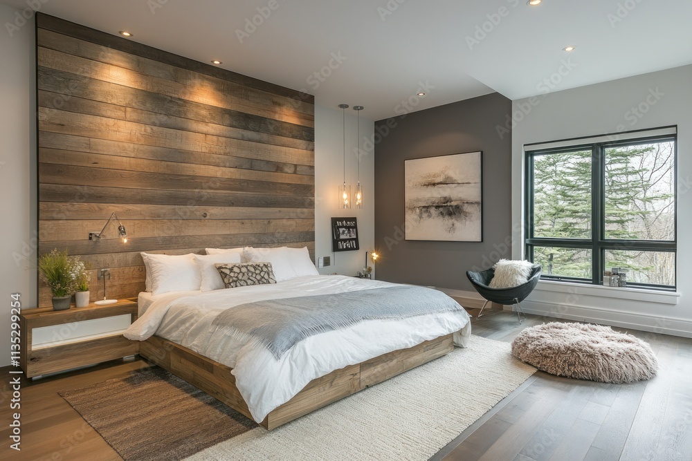 Modern Bedroom Interior with Rustic Wood Wall, Elegant Bedding, Cozy Décor, Large Windows, and Natural Light in Tranquil Atmosphere Modern Bedroom Interior with Rustic Wood Wall, Elegant Bedding, Cozy Décor, Large Windows, and Natural Light in Tranquil Atmosphere