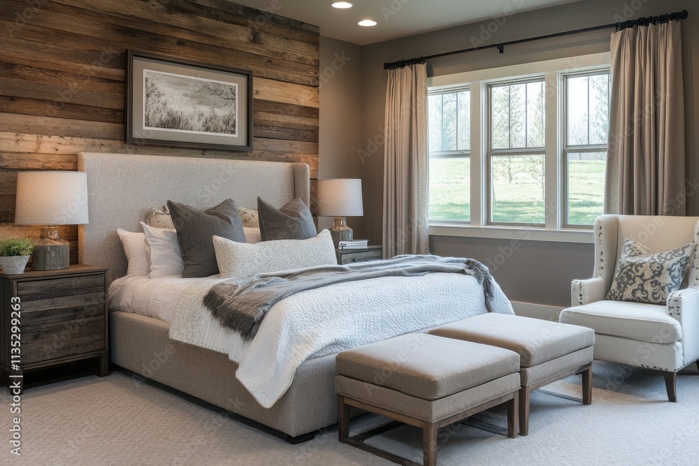 Cozy and Inviting Bedroom Interior with Rustic Wooden Wall, Soft Textiles, and Elegant Decor in a Modern Home Setting Cozy and Inviting Bedroom Interior with Rustic Wooden Wall, Soft Textiles, and Elegant Decor in a Modern Home Setting