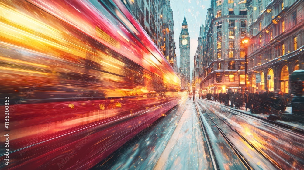 Obraz premium A vibrant city scene with a blurred tram amidst snow and festive lights.