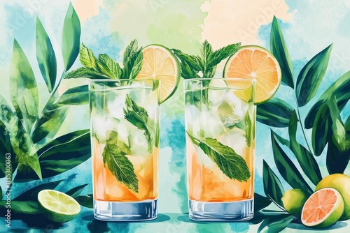 Refreshing Tropical Beverage with Mint and Citrus Garnish Surrounded by Lush Greenery and Vibrant Colors Perfect for Summer Enjoyment and Cocktails Inspiration
