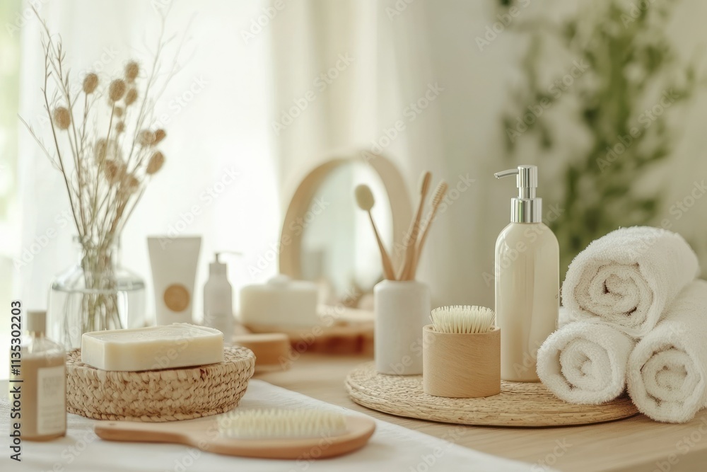 Serene Spa Arrangement with Natural Beauty Products, Soft Textures, and Minimalist Decor in Calm, Bright Atmosphere for Wellness and Self-Care Inspiration Serene Spa Arrangement with Natural Beauty Products, Soft Textures, and Minimalist Decor in Calm, Bright Atmosphere for Wellness and Self-Care Inspiration