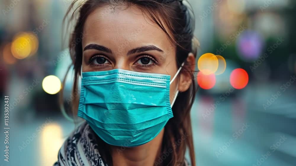 A young woman wearing a surgical mask walks on a city street with blurred lights in the background. Concept of health awareness, urban life, and pandemic safety. A young woman wearing a surgical mask walks on a city street with blurred lights in the background. Concept of health awareness, urban life, and pandemic safety.