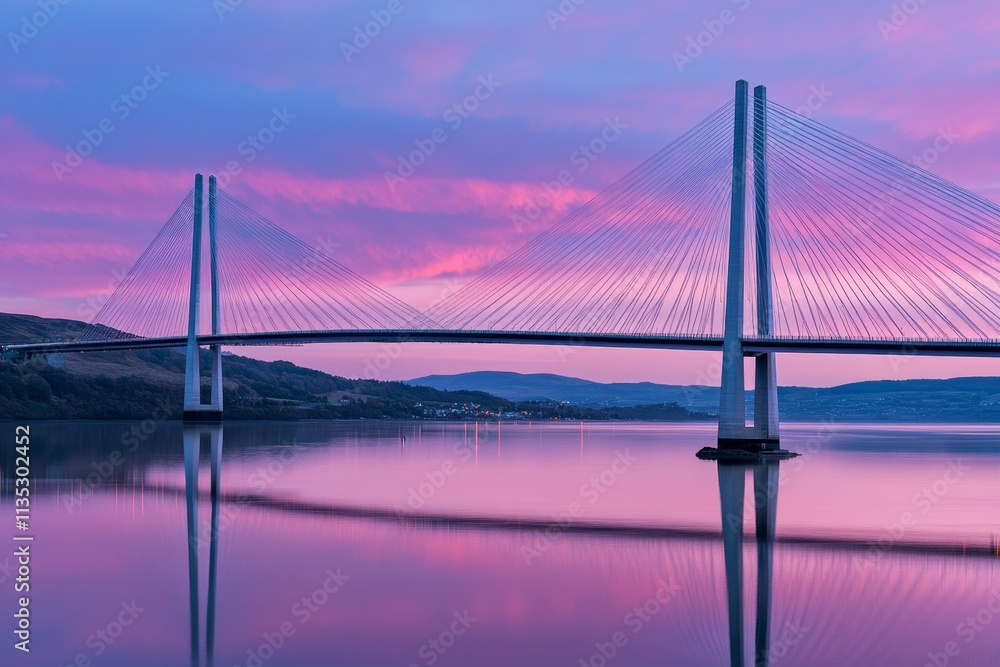 Stunning Cable-Stayed Bridge at Sunset over Calm Water Stunning Cable-Stayed Bridge at Sunset over Calm Water