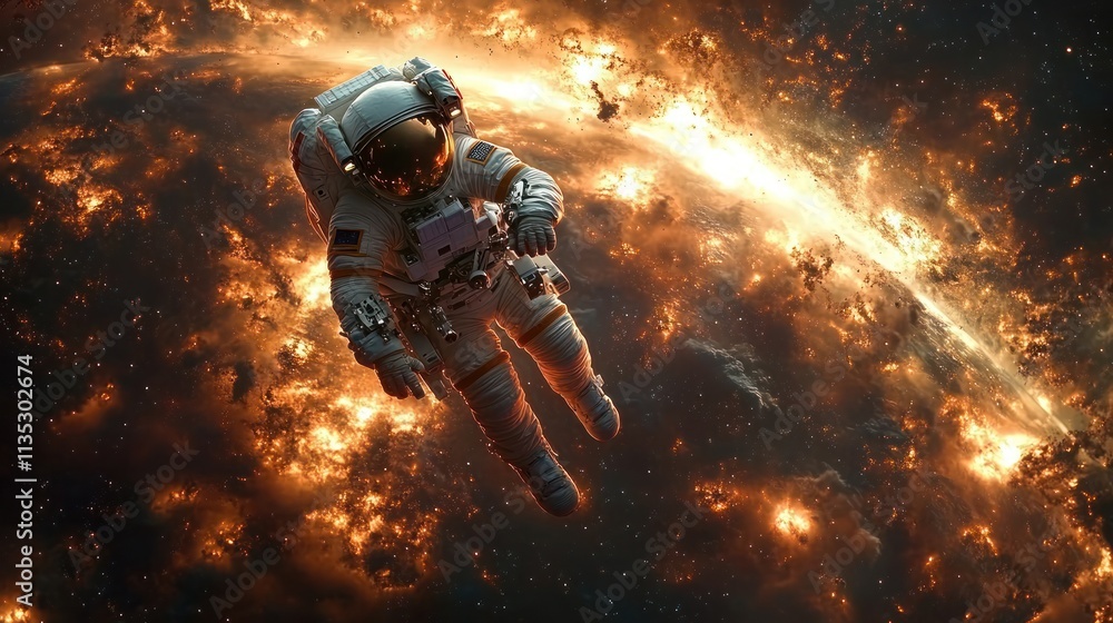 Fototapeta premium An astronaut floats in a cosmic scene filled with vibrant colors and celestial phenomena.