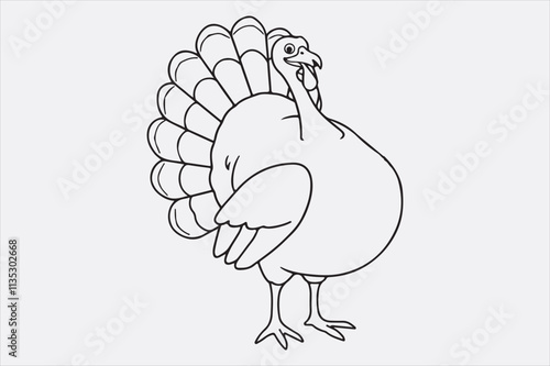 A black and white line art illustration of a turkey standing upright.