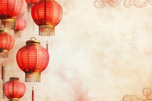 Vibrant Red Lanterns Against a Soft Textured Background for Celebrations, Festivals, and Cultural Events Showcasing Traditional Asian Aesthetics and Elegance