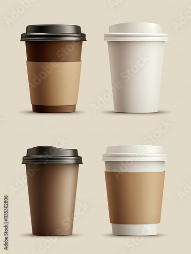 Takeaway coffee mockup. Plastic paper cup for liquid and drink to go. Espresso latte cappuccino mug, breakfast beverages illustration