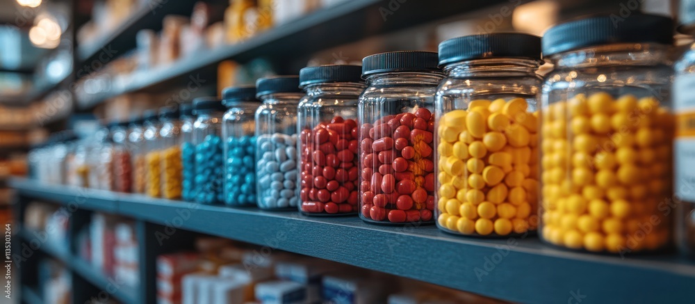 Colorful pills in glass jars on shelves in a pharmacy. Colorful pills in glass jars on shelves in a pharmacy.