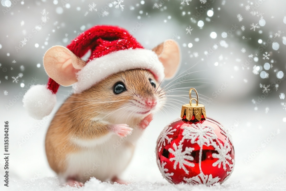 Adorable Small Mouse in Santa Hat Near Shiny Red Christmas Ornament Surrounded by Soft Snowflakes in a Winter Wonderland Setting Adorable Small Mouse in Santa Hat Near Shiny Red Christmas Ornament Surrounded by Soft Snowflakes in a Winter Wonderland Setting