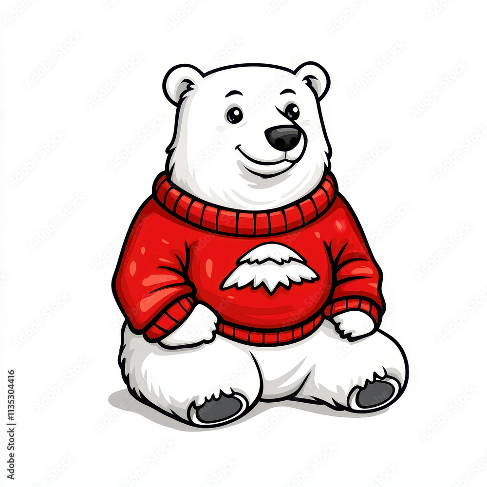 Fototapeta premium Cute polar bear in red sweater, smiling happily, perfect for winter themes