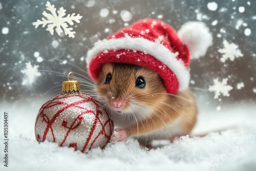 Adorable mouse wearing a festive red Christmas hat beside a shiny ornament, surrounded by snowflakes and a winter wonderland atmosphere