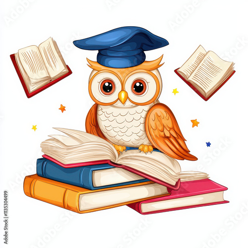 cute owl wearing graduation cap sits atop colorful books, surrounded by flying books. This captures whimsical and educational theme photo