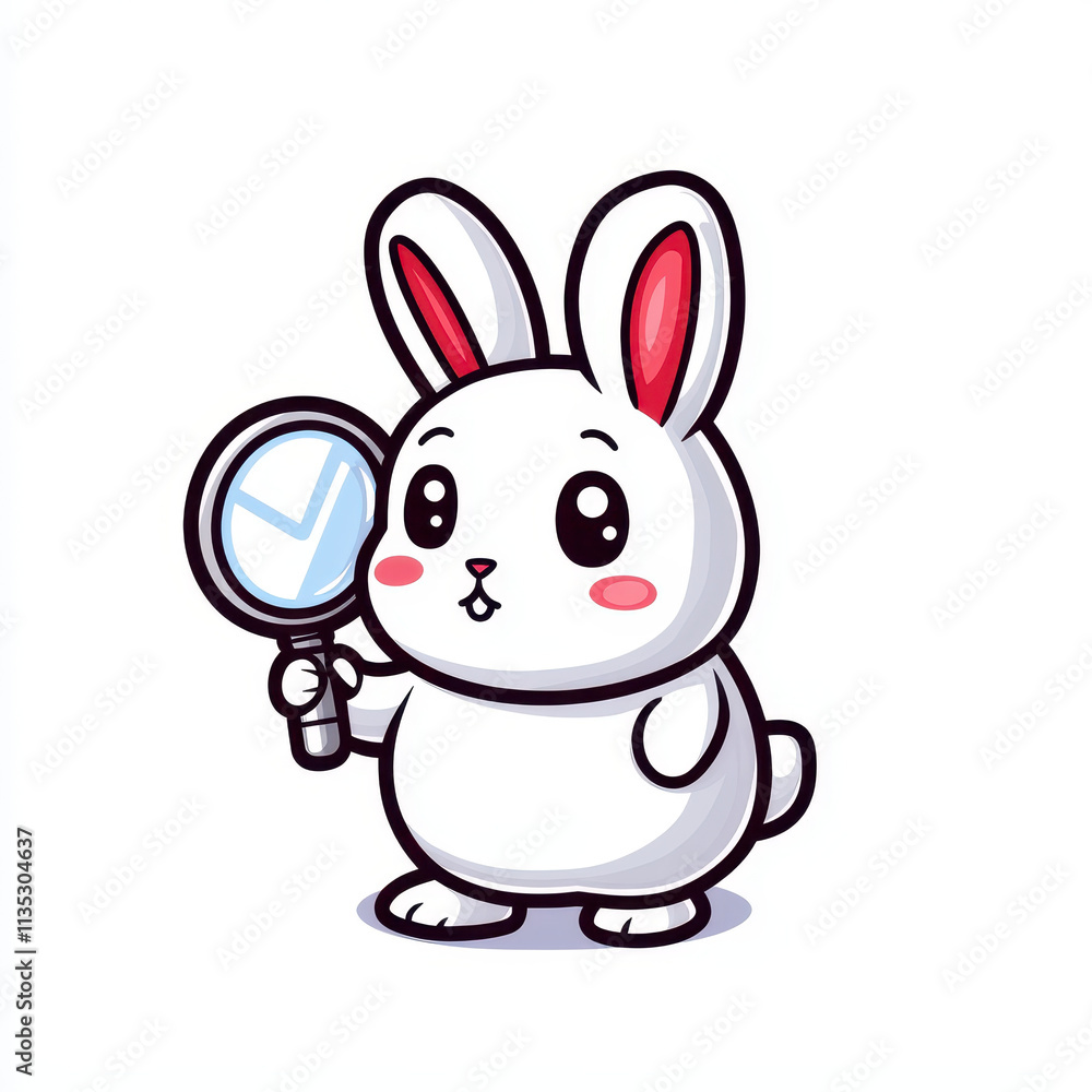 Cute cartoon rabbit holding magnifying glass with check mark, symbolizing inspection and approval Cute cartoon rabbit holding magnifying glass with check mark, symbolizing inspection and approval