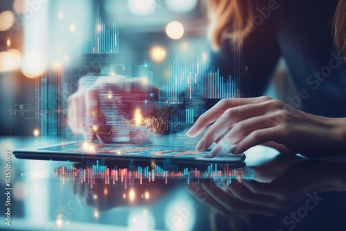 Hands Using Tablet with Financial Graphs and Data Visualization Overlaid, Concept of Digital Analysis and Modern Business Strategy in Soft Focus Background