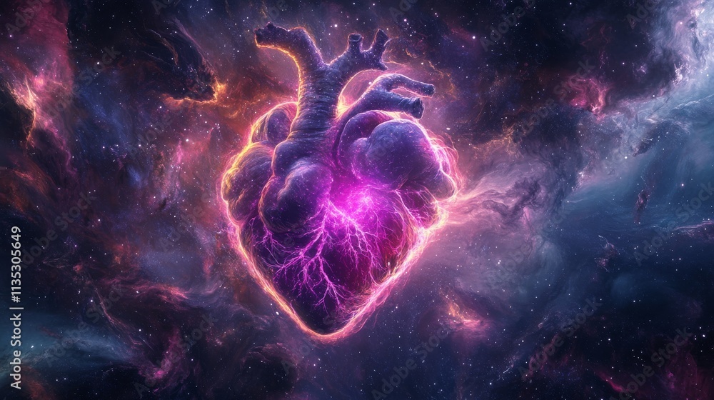 A visually captivating 3D rendering of a human heart illuminated with vibrant pink and purple electric currents, floating against a cosmic, star-filled backdrop. The surreal combination of biology and A visually captivating 3D rendering of a human heart illuminated with vibrant pink and purple electric currents, floating against a cosmic, star-filled backdrop. The surreal combination of biology and