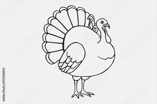 A black and white line art illustration of a turkey standing upright.