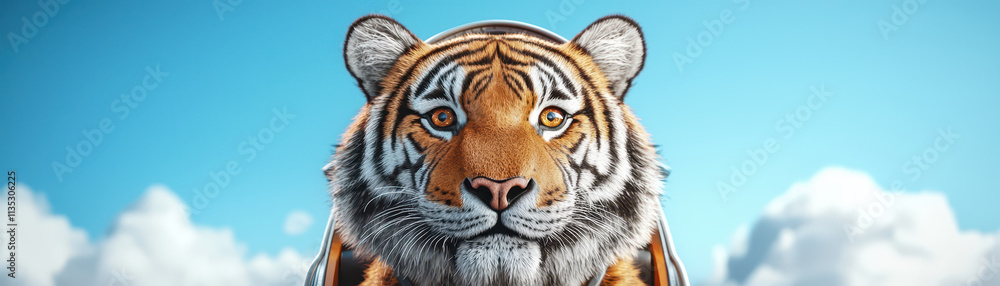 Obraz premium close up of tiger with pilot headset against blue sky, showcasing its fierce expression and vibrant colors