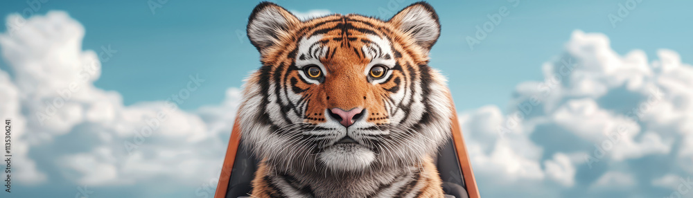 close up of tiger with serious expression, sitting in pilot seat against blue sky with clouds close up of tiger with serious expression, sitting in pilot seat against blue sky with clouds