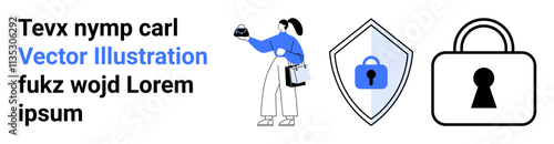 Person examining data while holding a device, flanked by shield and padlock icons symbolizing security. Ideal for cybersecurity, data privacy, protection services, digital safety, online security