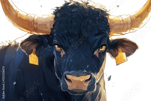 Portrait of a Majestic Black Bull with Prominent Horns and Ear Tags, Capturing Strength and Beauty in Animal Illustration Style