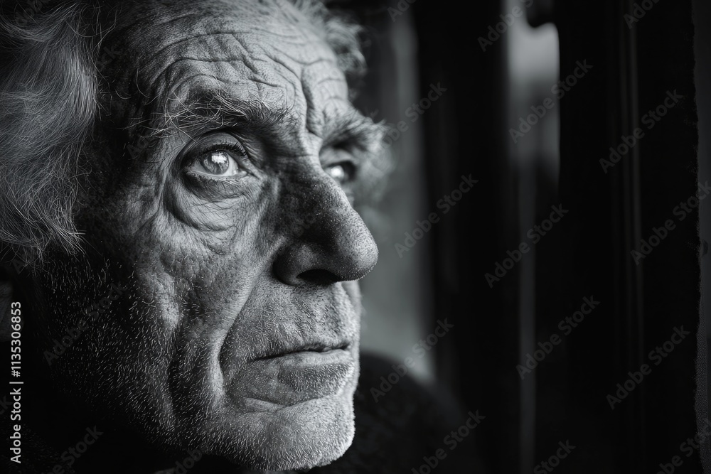 Close-up black and white portrait of a thoughtful senior man gazing through a window, reflecting on his life experiences Close-up black and white portrait of a thoughtful senior man gazing through a window, reflecting on his life experiences