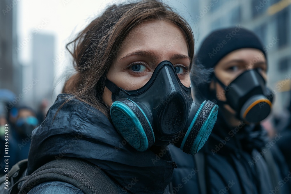 Protester wearing gas mask demonstrating in urban environment with smoke in background Protester wearing gas mask demonstrating in urban environment with smoke in background