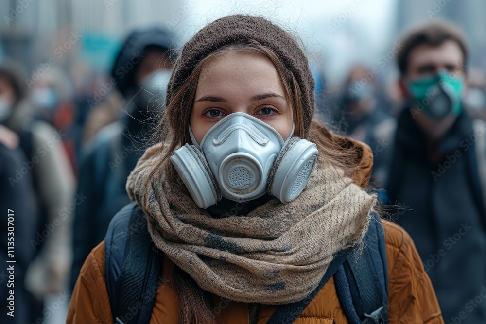 Environmental activist wearing gas mask protesting for clean air, joining a group of people marching in a demonstration Environmental activist wearing gas mask protesting for clean air, joining a group of people marching in a demonstration