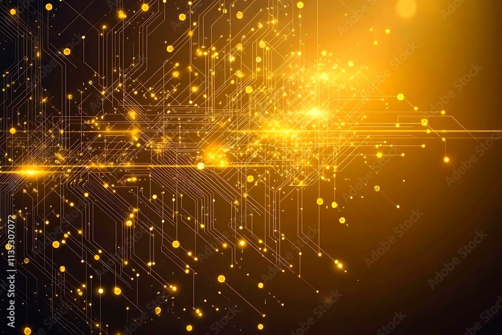 Fototapeta premium Abstract dark geometric background featuring glowing golden lines and sparkles, creating a modern, futuristic, and elegant design.