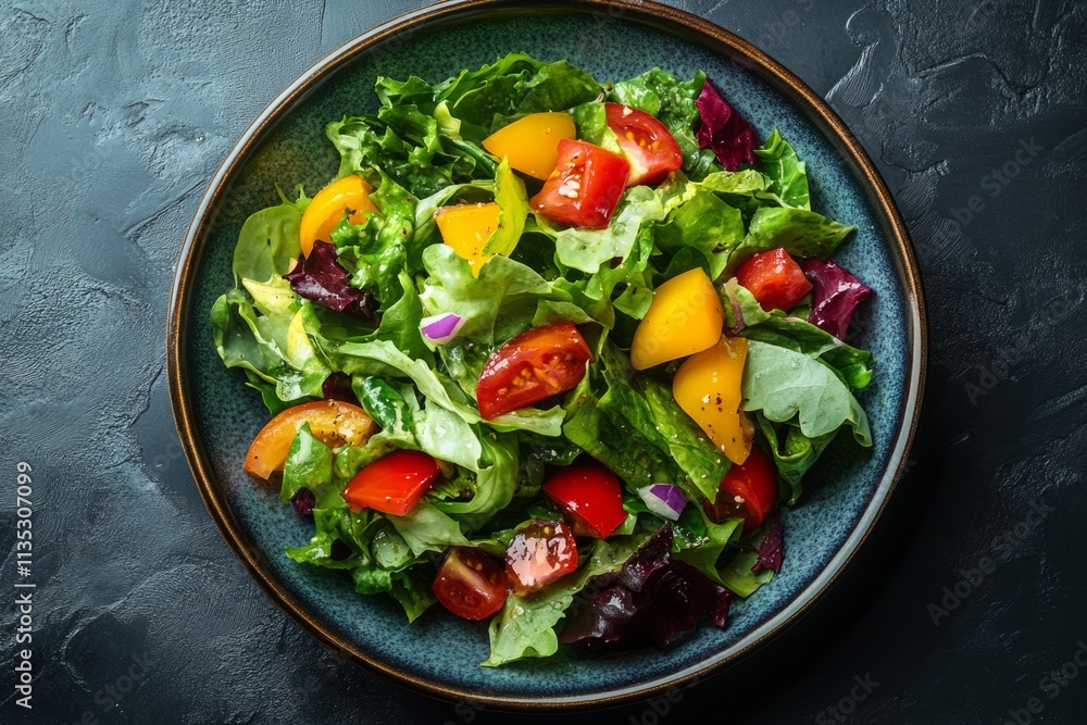Healthy green salad with various colorful vegetables on dark background, top view Healthy green salad with various colorful vegetables on dark background, top view
