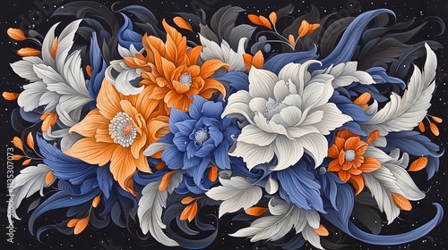 A vibrant floral arrangement featuring blue, orange, and white flowers.