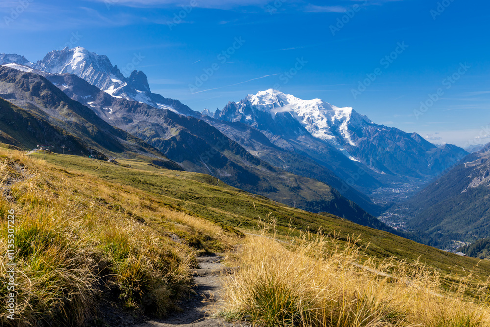 Obraz premium Mont Blanc, Monte Bianco mountain summit in the Alps. The highest mountain in Europe. Snow and glacier covered high altitude snow mountain in the Alps. The top of Montblanc Chamonix valley landscape