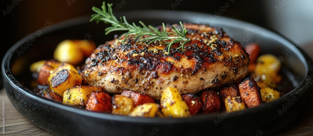 Roasted chicken breast with herb seasoning served on roasted root vegetables in a black skillet. Roasted chicken breast with herb seasoning served on roasted root vegetables in a black skillet.