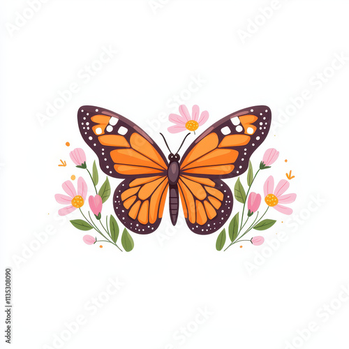 Beautiful of butterfly surrounded by colorful flowers, showcasing vibrant orange and pink hues