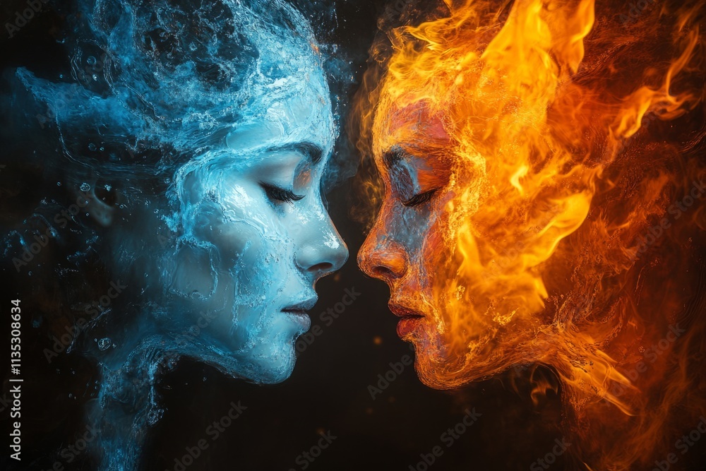 Surreal portrait of two women, one made of water and the other of fire, facing each other, symbolizing opposing forces Surreal portrait of two women, one made of water and the other of fire, facing each other, symbolizing opposing forces