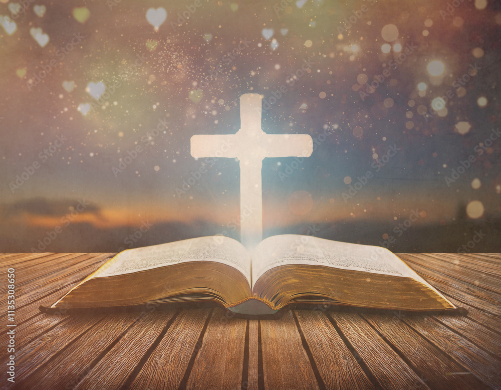 An open Bible with a glowing cross floating above it rests on a wooden surface against a mystical, sparkly background. An open Bible with a glowing cross floating above it rests on a wooden surface against a mystical, sparkly background.